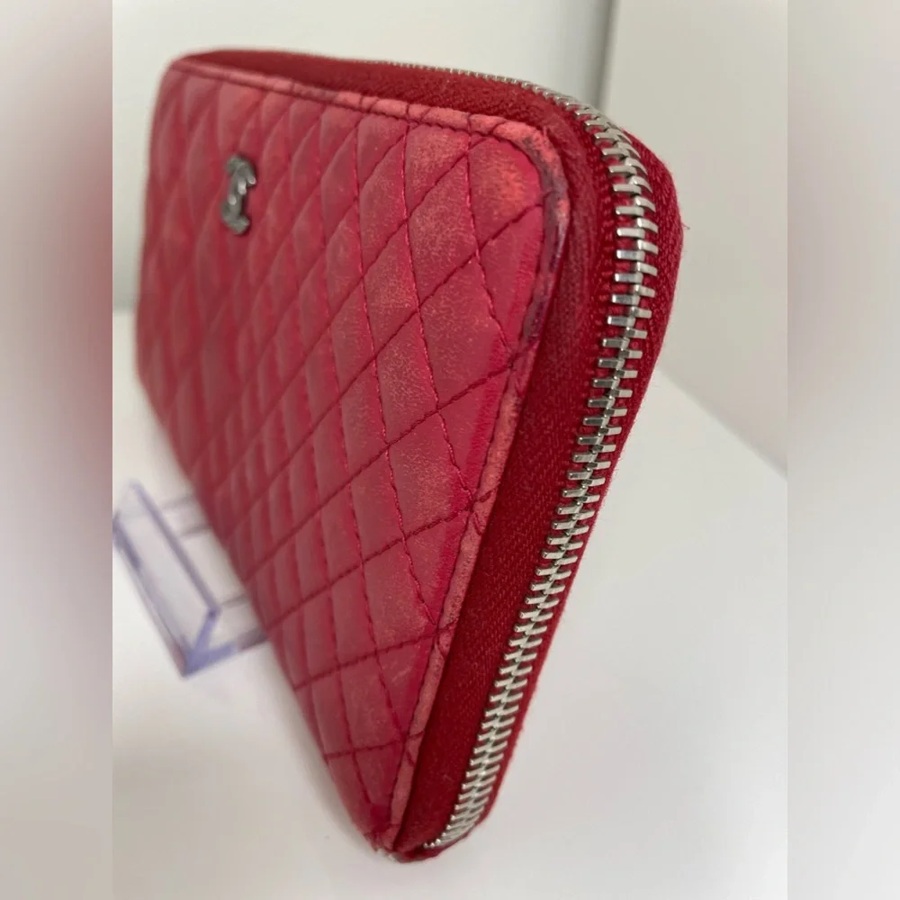 Chanel Lambskin Multi Size Quilted Zip Around Wallet Red EXTREMELY RARE